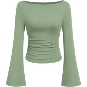 imagePRETTYGARDEN Womens Long Sleeve Shirts 2026 Spring Crop Going Out Tops Casual Boat Neck Bell Sleeve Ribbed Ruched Y2K ClothesLight Green