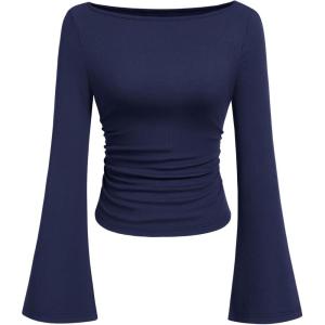 imagePRETTYGARDEN Womens Long Sleeve Shirts 2026 Spring Crop Going Out Tops Casual Boat Neck Bell Sleeve Ribbed Ruched Y2K ClothesNavy Blue