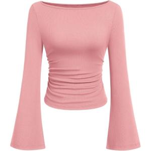 imagePRETTYGARDEN Womens Long Sleeve Shirts 2026 Spring Crop Going Out Tops Casual Boat Neck Bell Sleeve Ribbed Ruched Y2K ClothesPink