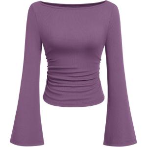 imagePRETTYGARDEN Womens Long Sleeve Shirts 2026 Spring Crop Going Out Tops Casual Boat Neck Bell Sleeve Ribbed Ruched Y2K ClothesPurple