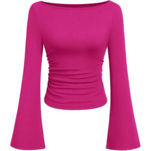 imagePRETTYGARDEN Womens Long Sleeve Shirts 2026 Spring Crop Going Out Tops Casual Boat Neck Bell Sleeve Ribbed Ruched Y2K ClothesRose Red