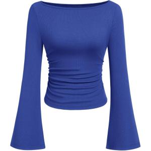 imagePRETTYGARDEN Womens Long Sleeve Shirts 2026 Spring Crop Going Out Tops Casual Boat Neck Bell Sleeve Ribbed Ruched Y2K ClothesRoyal Blue