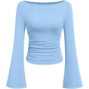 imagePRETTYGARDEN Womens Long Sleeve Shirts 2026 Spring Crop Going Out Tops Casual Boat Neck Bell Sleeve Ribbed Ruched Y2K ClothesSky Blue