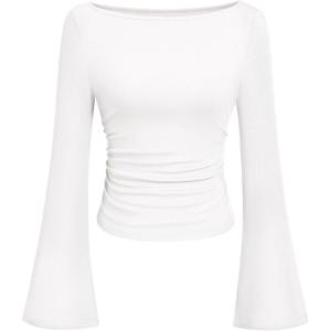 imagePRETTYGARDEN Womens Long Sleeve Shirts 2026 Spring Crop Going Out Tops Casual Boat Neck Bell Sleeve Ribbed Ruched Y2K ClothesWhite