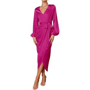 imagePRETTYGARDEN Womens Maxi Satin Dress Puff Sleeve Wrap V Neck Ruched Belted Long Formal Cocktail Dresses Rose RedSmall