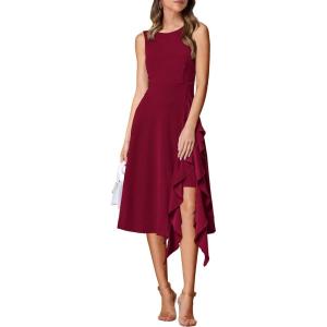 imagePRETTYGARDEN Womens Midi Summer Dresses Sleeveless Flared A Line Asymmetrical Ruffle Flowy Cocktail Party Dress Wine RedMedium