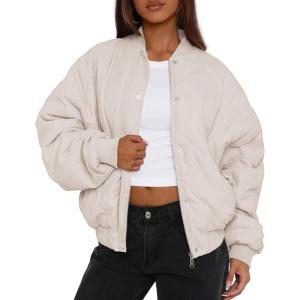 imagePRETTYGARDEN Womens Quilted Bomber Jacket Fall Fashion 2026 Lightweight Cropped Zip up Outerwear Winter Puffer Coats PocketsBeige