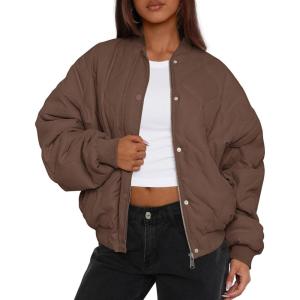 imagePRETTYGARDEN Womens Quilted Bomber Jacket Fall Fashion 2026 Lightweight Cropped Zip up Outerwear Winter Puffer Coats PocketsBrown