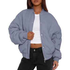imagePRETTYGARDEN Womens Quilted Bomber Jacket Fall Fashion 2026 Lightweight Cropped Zip up Outerwear Winter Puffer Coats PocketsDusty Blue