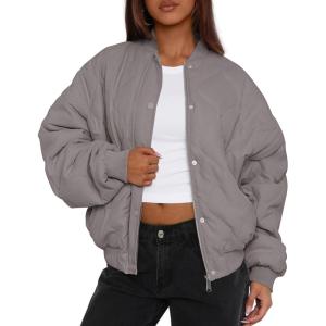 imagePRETTYGARDEN Womens Quilted Bomber Jacket Fall Fashion 2026 Lightweight Cropped Zip up Outerwear Winter Puffer Coats PocketsGrey