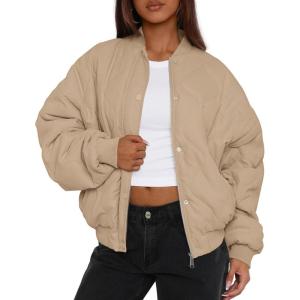 imagePRETTYGARDEN Womens Quilted Bomber Jacket Fall Fashion 2026 Lightweight Cropped Zip up Outerwear Winter Puffer Coats PocketsKhaki