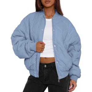 imagePRETTYGARDEN Womens Quilted Bomber Jacket Fall Fashion 2026 Lightweight Cropped Zip up Outerwear Winter Puffer Coats PocketsLight Blue