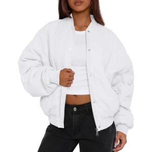 imagePRETTYGARDEN Womens Quilted Bomber Jacket Fall Fashion 2026 Lightweight Cropped Zip up Outerwear Winter Puffer Coats PocketsWhite