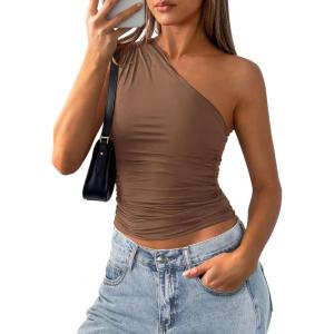 imagePRETTYGARDEN Womens Sleeveless One Shoulder Tank Top Ruched Slim Fit Shirts Basic Crop Y2k Tops 2026 Spring Fashion ClothingCoffee