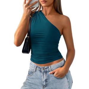 imagePRETTYGARDEN Womens Sleeveless One Shoulder Tank Top Ruched Slim Fit Shirts Basic Crop Y2k Tops 2026 Spring Fashion ClothingDark Blue