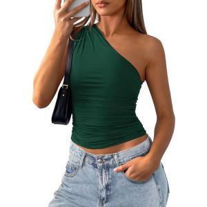 imagePRETTYGARDEN Womens Sleeveless One Shoulder Tank Top Ruched Slim Fit Shirts Basic Crop Y2k Tops 2026 Spring Fashion ClothingDark Green