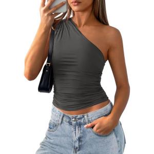 imagePRETTYGARDEN Womens Sleeveless One Shoulder Tank Top Ruched Slim Fit Shirts Basic Crop Y2k Tops 2026 Spring Fashion ClothingDark Grey