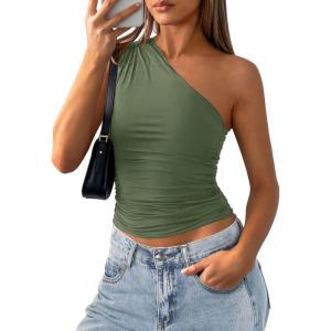 imagePRETTYGARDEN Womens Sleeveless One Shoulder Tank Top Ruched Slim Fit Shirts Basic Crop Y2k Tops 2026 Spring Fashion ClothingGrey Green