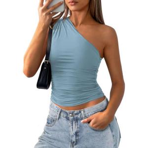 imagePRETTYGARDEN Womens Sleeveless One Shoulder Tank Top Ruched Slim Fit Shirts Basic Crop Y2k Tops 2026 Spring Fashion ClothingLight Grey Blue