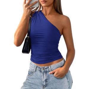 imagePRETTYGARDEN Womens Sleeveless One Shoulder Tank Top Ruched Slim Fit Shirts Basic Crop Y2k Tops 2026 Spring Fashion ClothingNavy Blue