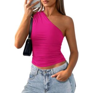imagePRETTYGARDEN Womens Sleeveless One Shoulder Tank Top Ruched Slim Fit Shirts Basic Crop Y2k Tops 2026 Spring Fashion ClothingRose Red