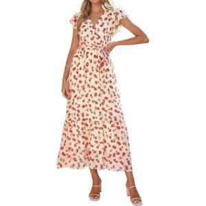 imagePRETTYGARDEN Womens Summer Floral Boho Maxi Dress Short Sleeve Wrap V Neck Ruffle Long Flowy Beach Wedding Guest DressesApricot Red Floral
