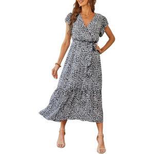 imagePRETTYGARDEN Womens Summer Floral Boho Maxi Dress Short Sleeve Wrap V Neck Ruffle Long Flowy Beach Wedding Guest DressesBlack