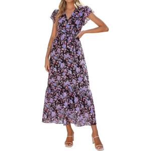 imagePRETTYGARDEN Womens Summer Floral Boho Maxi Dress Short Sleeve Wrap V Neck Ruffle Long Flowy Beach Wedding Guest DressesBlack Purple Floral