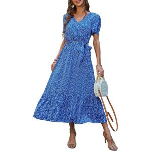 imagePRETTYGARDEN Womens Summer Floral Boho Maxi Dress Short Sleeve Wrap V Neck Ruffle Long Flowy Beach Wedding Guest DressesBlue Floral