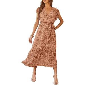 imagePRETTYGARDEN Womens Summer Floral Boho Maxi Dress Short Sleeve Wrap V Neck Ruffle Long Flowy Beach Wedding Guest DressesCoffee