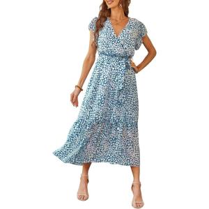 imagePRETTYGARDEN Womens Summer Floral Boho Maxi Dress Short Sleeve Wrap V Neck Ruffle Long Flowy Beach Wedding Guest DressesDark Blue
