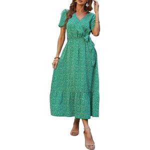 imagePRETTYGARDEN Womens Summer Floral Boho Maxi Dress Short Sleeve Wrap V Neck Ruffle Long Flowy Beach Wedding Guest DressesGreen Floral