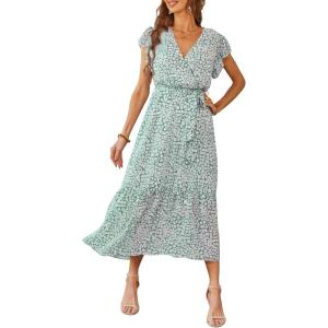 imagePRETTYGARDEN Womens Summer Floral Boho Maxi Dress Short Sleeve Wrap V Neck Ruffle Long Flowy Beach Wedding Guest DressesGreen01