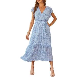 imagePRETTYGARDEN Womens Summer Floral Boho Maxi Dress Short Sleeve Wrap V Neck Ruffle Long Flowy Beach Wedding Guest DressesLight Blue