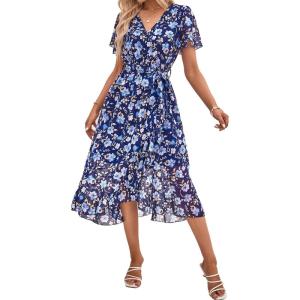 imagePRETTYGARDEN Womens Summer Floral Boho Maxi Dress Short Sleeve Wrap V Neck Ruffle Long Flowy Beach Wedding Guest DressesNavy White Floral