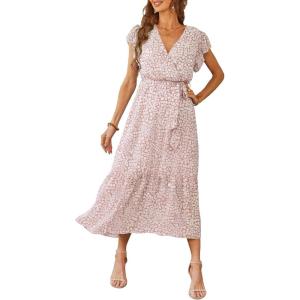 imagePRETTYGARDEN Womens Summer Floral Boho Maxi Dress Short Sleeve Wrap V Neck Ruffle Long Flowy Beach Wedding Guest DressesPink