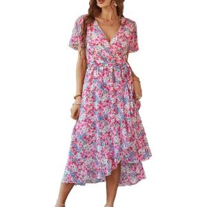 imagePRETTYGARDEN Womens Summer Floral Boho Maxi Dress Short Sleeve Wrap V Neck Ruffle Long Flowy Beach Wedding Guest DressesPink Floral