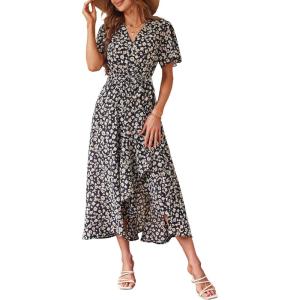 imagePRETTYGARDEN Womens Summer Floral Boho Maxi Dress Short Sleeve Wrap V Neck Ruffle Long Flowy Beach Wedding Guest DressesPrint Black