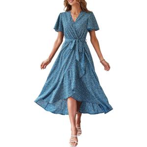 imagePRETTYGARDEN Womens Summer Floral Boho Maxi Dress Short Sleeve Wrap V Neck Ruffle Long Flowy Beach Wedding Guest DressesPrint Blue