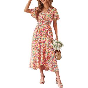 imagePRETTYGARDEN Womens Summer Floral Boho Maxi Dress Short Sleeve Wrap V Neck Ruffle Long Flowy Beach Wedding Guest DressesPrint White Pink