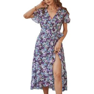 imagePRETTYGARDEN Womens Summer Floral Boho Maxi Dress Short Sleeve Wrap V Neck Ruffle Long Flowy Beach Wedding Guest DressesPurple Floral