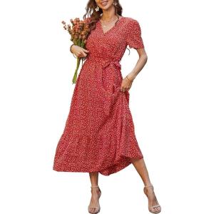 imagePRETTYGARDEN Womens Summer Floral Boho Maxi Dress Short Sleeve Wrap V Neck Ruffle Long Flowy Beach Wedding Guest DressesRed Floral