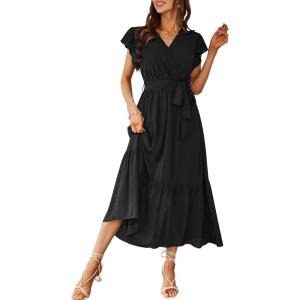 imagePRETTYGARDEN Womens Summer Floral Boho Maxi Dress Short Sleeve Wrap V Neck Ruffle Long Flowy Beach Wedding Guest DressesSolid Black