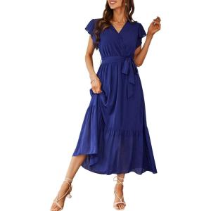 imagePRETTYGARDEN Womens Summer Floral Boho Maxi Dress Short Sleeve Wrap V Neck Ruffle Long Flowy Beach Wedding Guest DressesSolid Blue