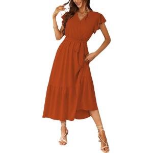 imagePRETTYGARDEN Womens Summer Floral Boho Maxi Dress Short Sleeve Wrap V Neck Ruffle Long Flowy Beach Wedding Guest DressesSolid Brick Red