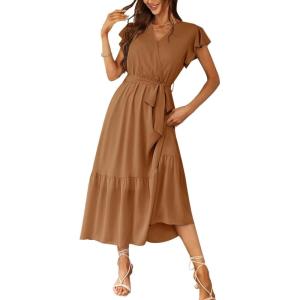 imagePRETTYGARDEN Womens Summer Floral Boho Maxi Dress Short Sleeve Wrap V Neck Ruffle Long Flowy Beach Wedding Guest DressesSolid Brown