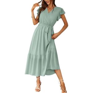 imagePRETTYGARDEN Womens Summer Floral Boho Maxi Dress Short Sleeve Wrap V Neck Ruffle Long Flowy Beach Wedding Guest DressesSolid Green
