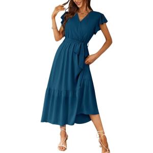imagePRETTYGARDEN Womens Summer Floral Boho Maxi Dress Short Sleeve Wrap V Neck Ruffle Long Flowy Beach Wedding Guest DressesSolid Lake Blue