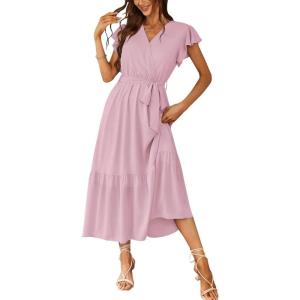 imagePRETTYGARDEN Womens Summer Floral Boho Maxi Dress Short Sleeve Wrap V Neck Ruffle Long Flowy Beach Wedding Guest DressesSolid Pink