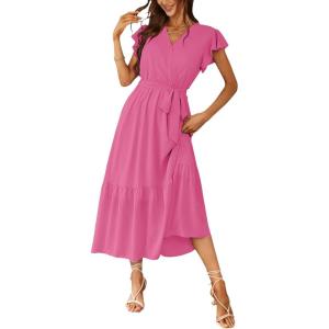 imagePRETTYGARDEN Womens Summer Floral Boho Maxi Dress Short Sleeve Wrap V Neck Ruffle Long Flowy Beach Wedding Guest DressesSolid Rose Red